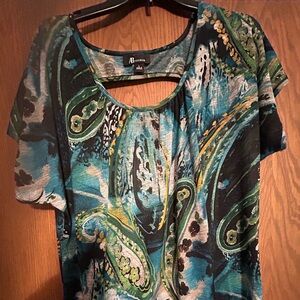 AB Studio Large Top Paisley Abstract Dolman Sleeve Scoop Neck Cut-Out Stretch